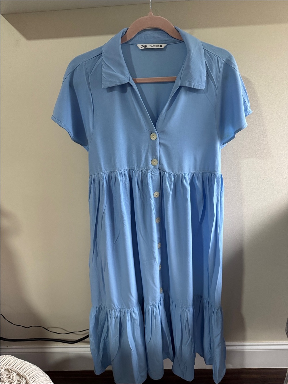 Zara light blue tiered button front dress size S